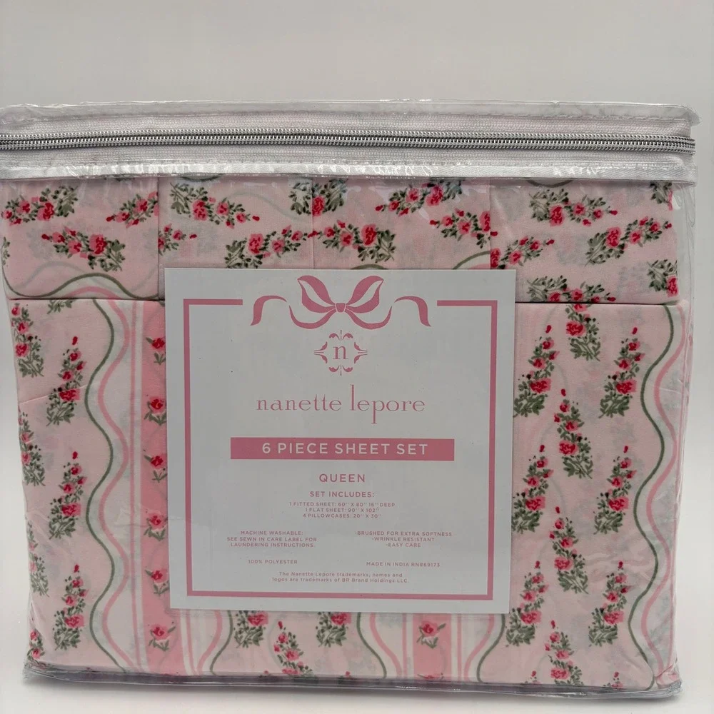 Nanette Lepore Queen 6 Piece Sheet Set Pink Floral Stripe Pattern Coquette Roses